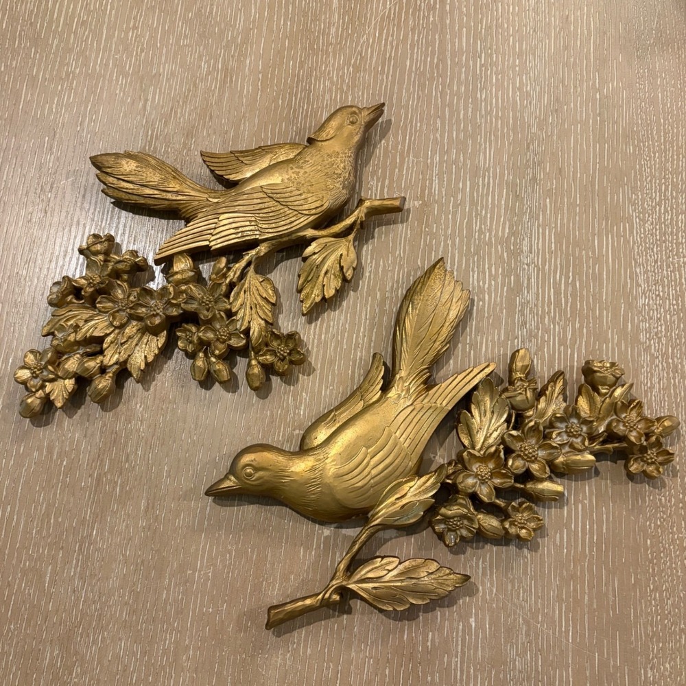 Vintage 1967 Syroco Gold Birds Dogwood Branch Wall Hanging Set Pair 5191 5190